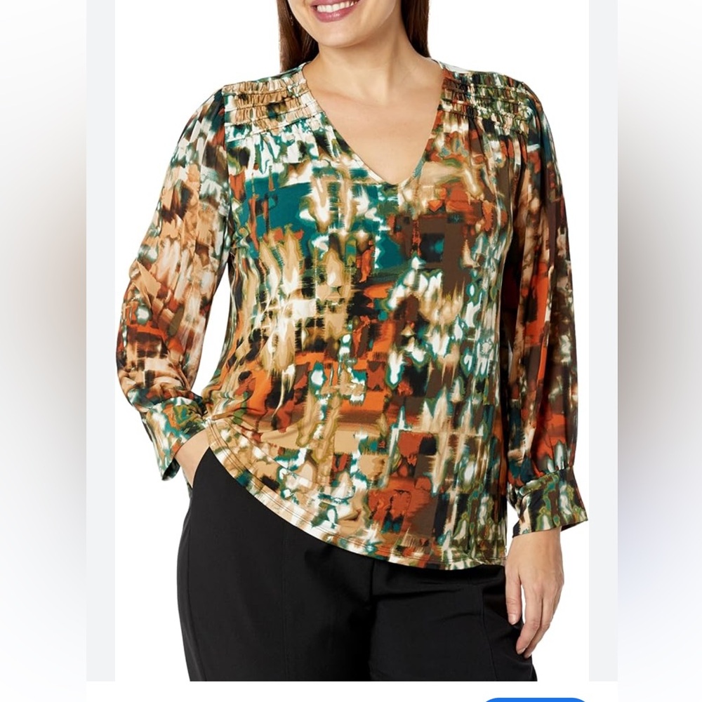 Calvin Klein V-Neck Long Sleeve Printed Top, NWT